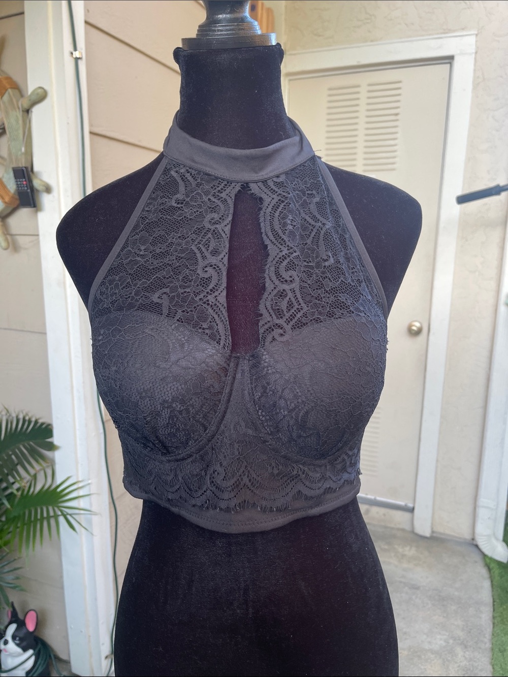 bebe Black Lace Halter Bralette with High Neck